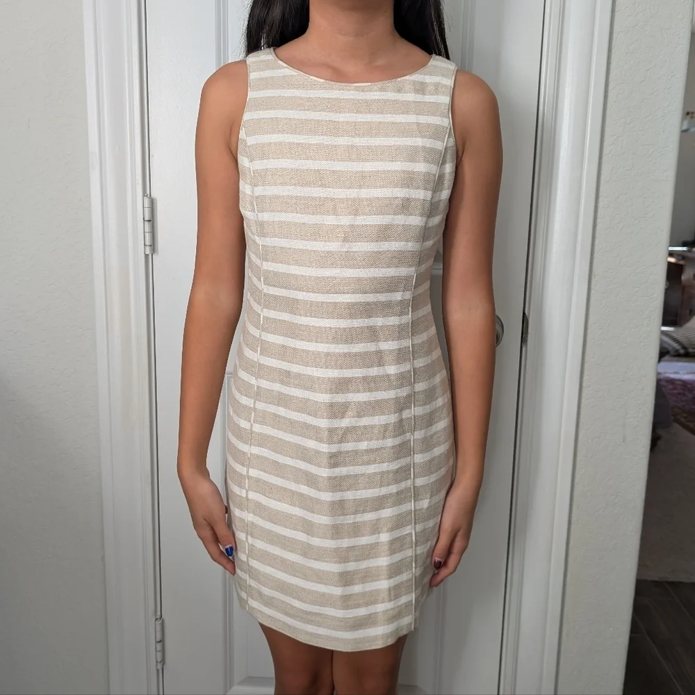 Banana Republic Neutral Stripe Linen Blend Sleeveless Summer Sheath Dress - Picture 4 of 10